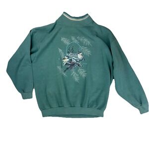 90's VTG Morning Sun M Blue Sweatshirt Chickadee Christmas Collar Pullover
